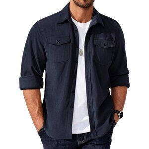 Coofandy Men Dark Blue Corduroy Button Down Lightweight Jacket with Flap Pockets